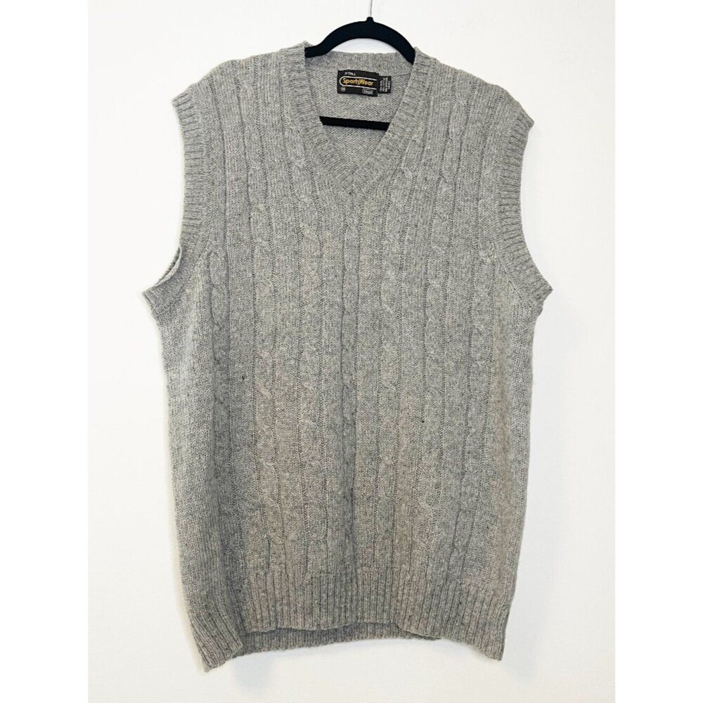 Vintage Sears SportsWear Cable Knit Sweater Vest Gray Wool Blend Men's 2XL XLT